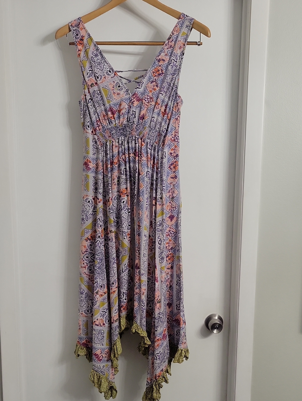 Anthropologie Asymmetrical Boho Midi Dress in Multi (yellow, pink, blue)